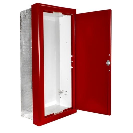 JL Industries FX2 fire-rated fire extinguisher cabinet shown open, in the optional red finish