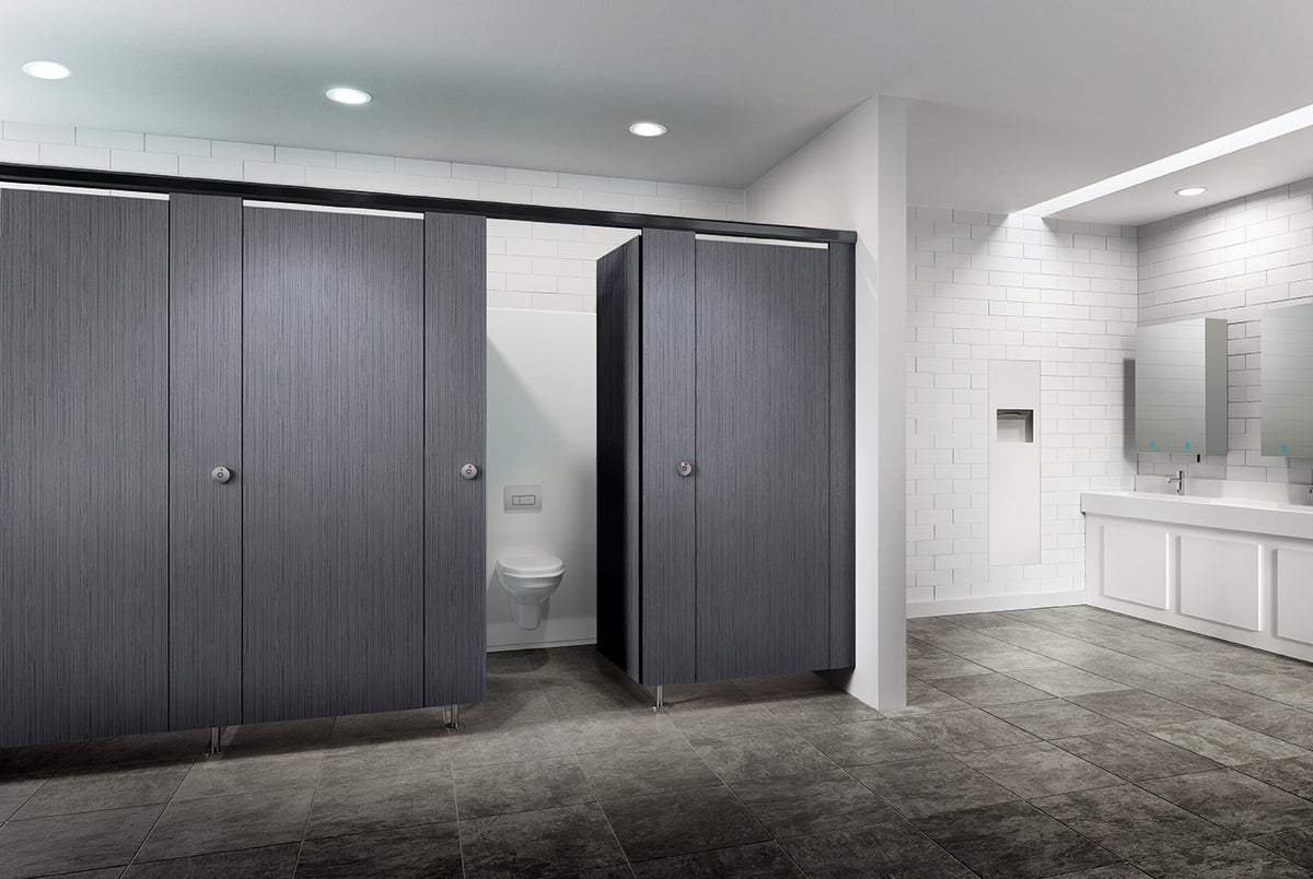 Phenolic black core toilet partitions in a dark woodgrain finish