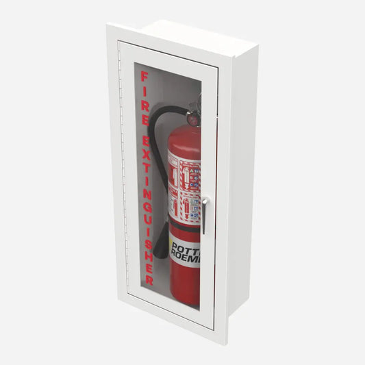 Potter Roemer Alta recessed steel fire extinguisher cabinet, left angle view from above