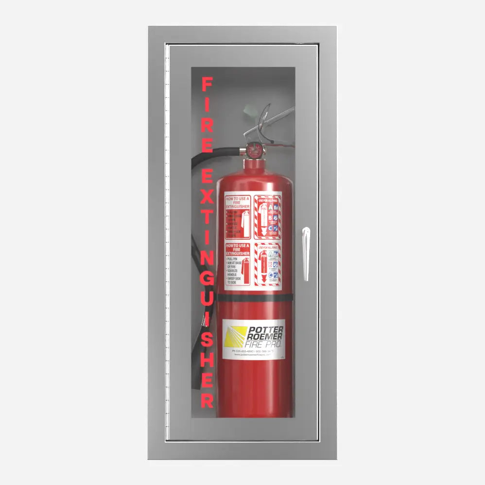 Potter Roemer Alta semi-recessed aluminum fire extinguisher cabinet with clear anodized finish, front view
