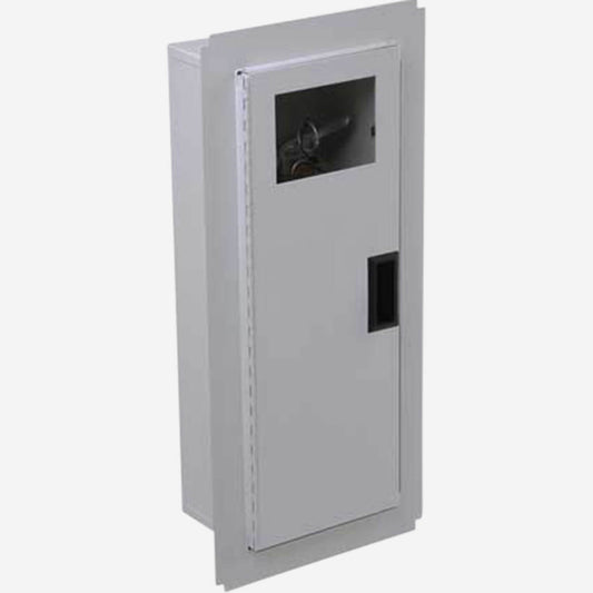 Potter Roemer Alta trimless fire extinguisher cabinet with steel door and small break glass window, shown before the frame is covered by drywall