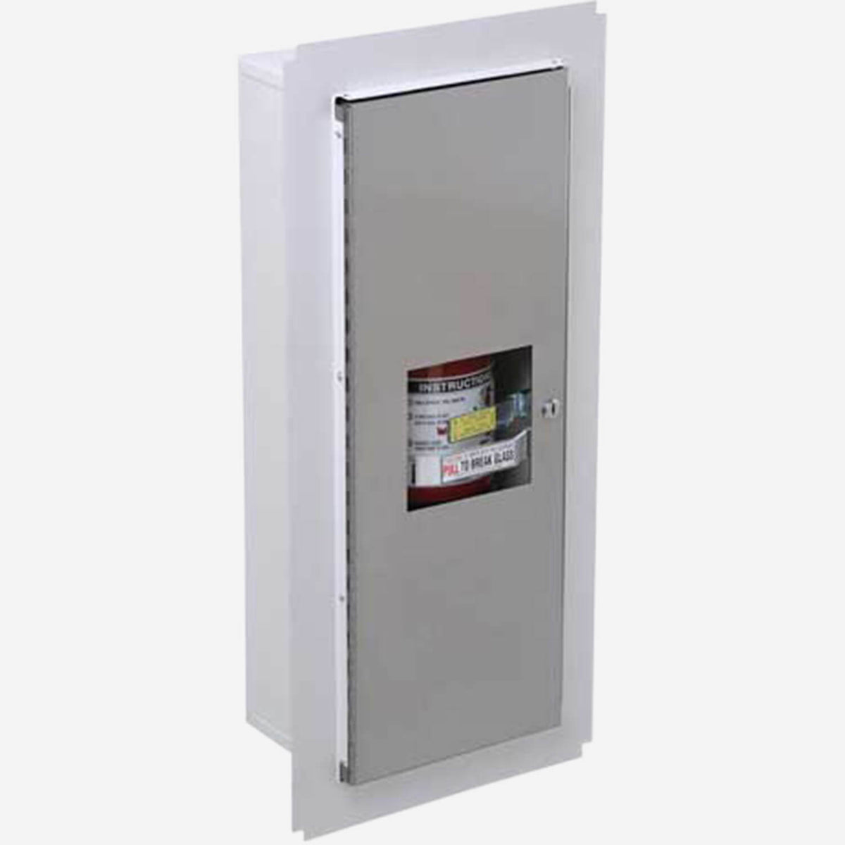 Potter Roemer Alta trimless fire extinguisher cabinet with flush solid steel door, shown before drywall