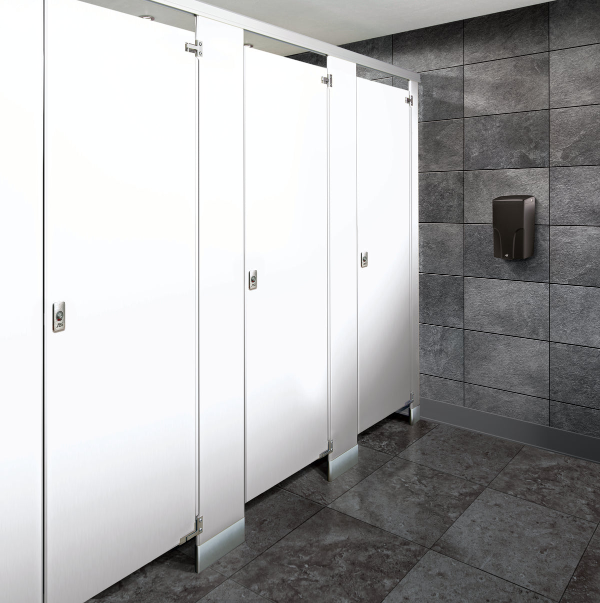Powder-coated steel toilet partitions in white, overhead braced
