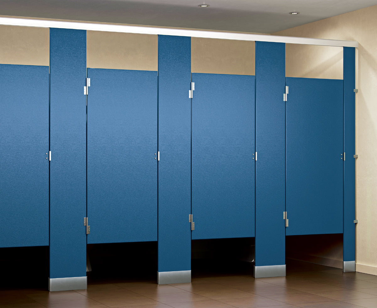 Blue solid plastic HDPE toilet partitions in a commercial restroom