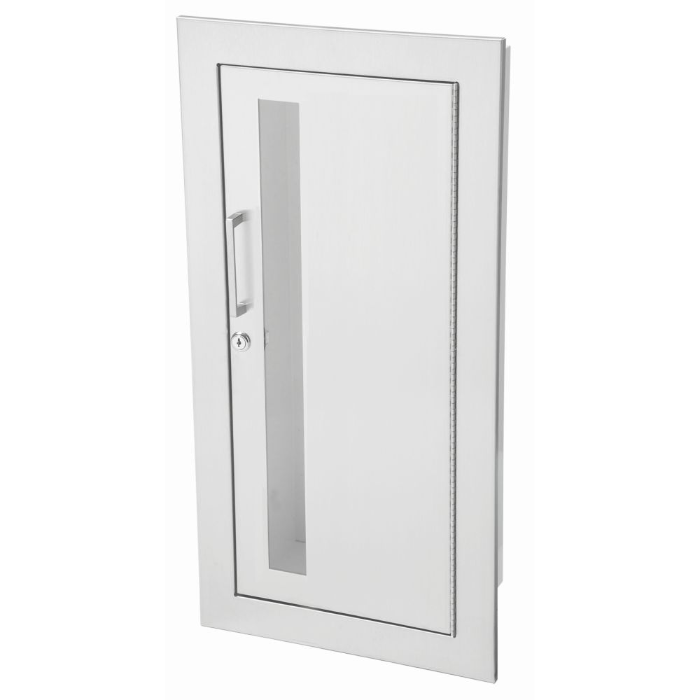 JL Industries Academy clear anodized aluminum fire extinguisher cabinet with flat trim