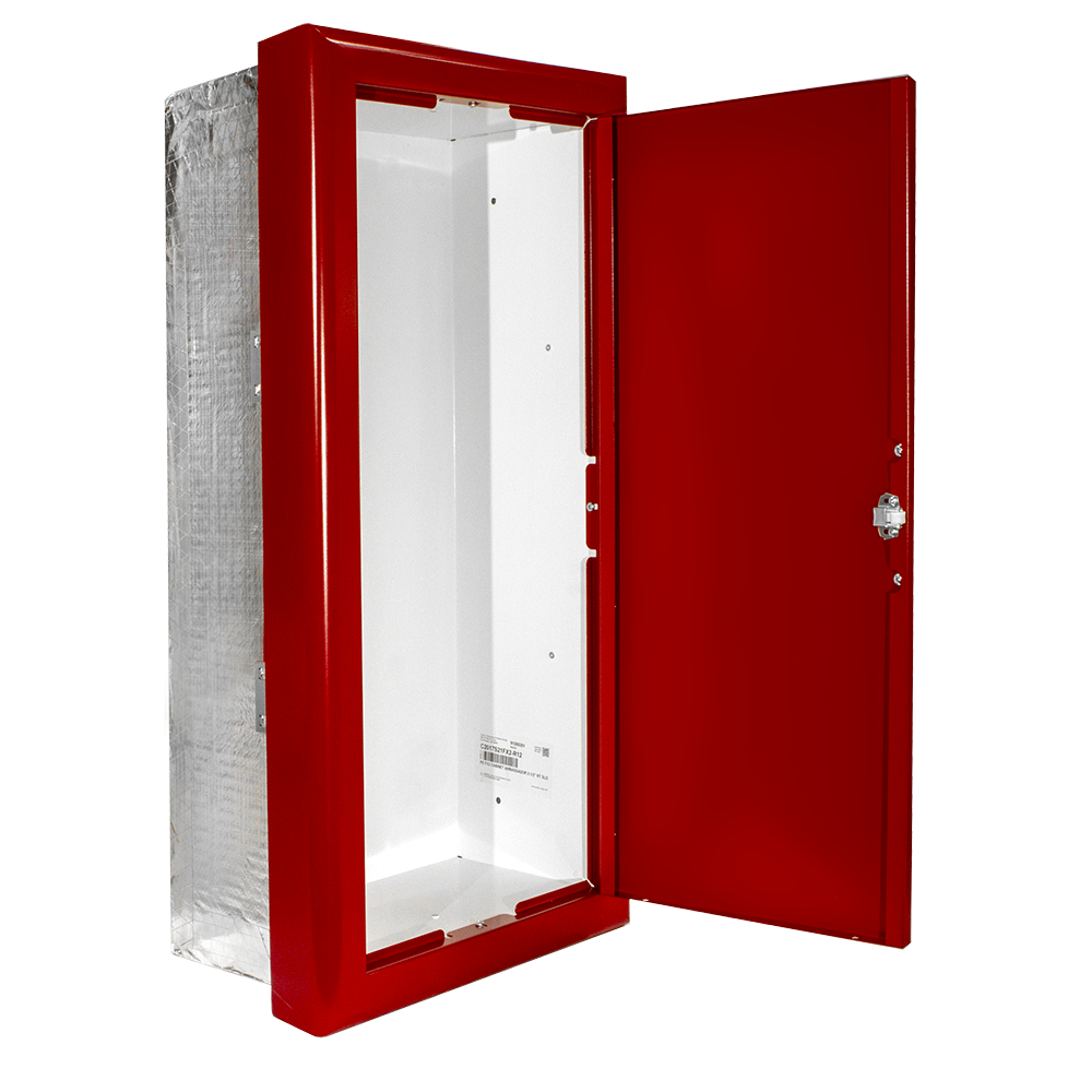 JL Industries FX2 fire-rated fire extinguisher cabinet shown open, in the optional red finish