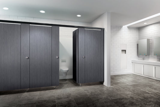 Phenolic black core toilet partitions in a dark woodgrain finish