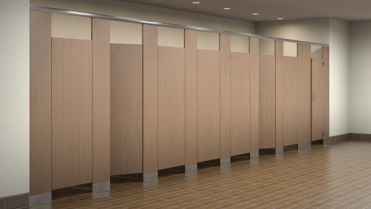 Plastic laminate toilet partitions in a wheat woodgrain finish