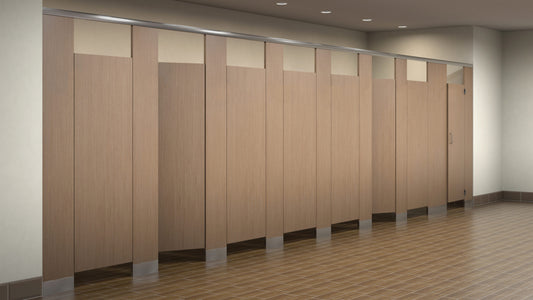 Plastic laminate toilet partitions in a wheat woodgrain finish