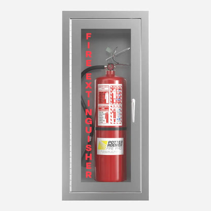 Potter Roemer Alta recessed aluminum fire extinguisher cabinet with clear anodized door and trim, front view