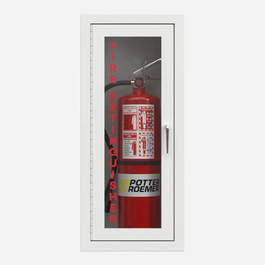Potter Roemer Alta recessed steel fire extinguisher cabinet with white finish and full glass door, front view