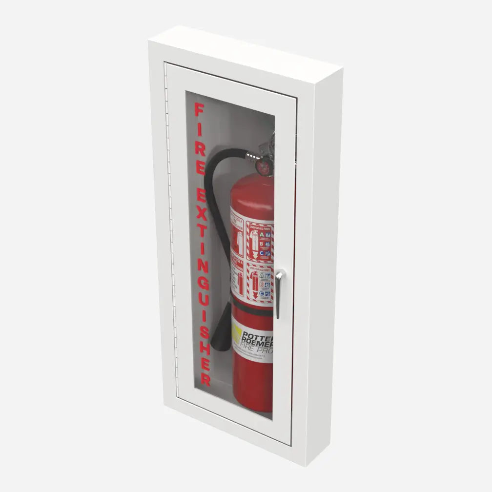 Potter Roemer Alta rolled radius trim fire extinguisher cabinet, left angle view showing the rounded trim edge