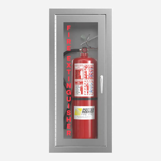Potter Roemer Alta semi-recessed aluminum fire extinguisher cabinet with clear anodized finish, front view