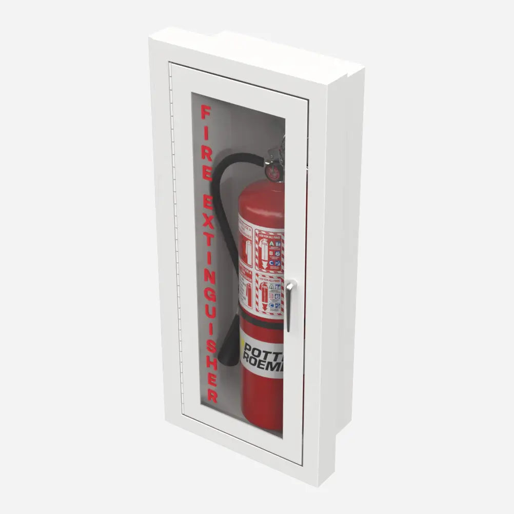 Potter Roemer Alta semi-recessed steel fire extinguisher cabinet, left angle view showing trim projection