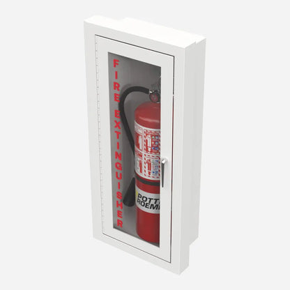 Potter Roemer Alta semi-recessed steel fire extinguisher cabinet, left angle view showing trim projection