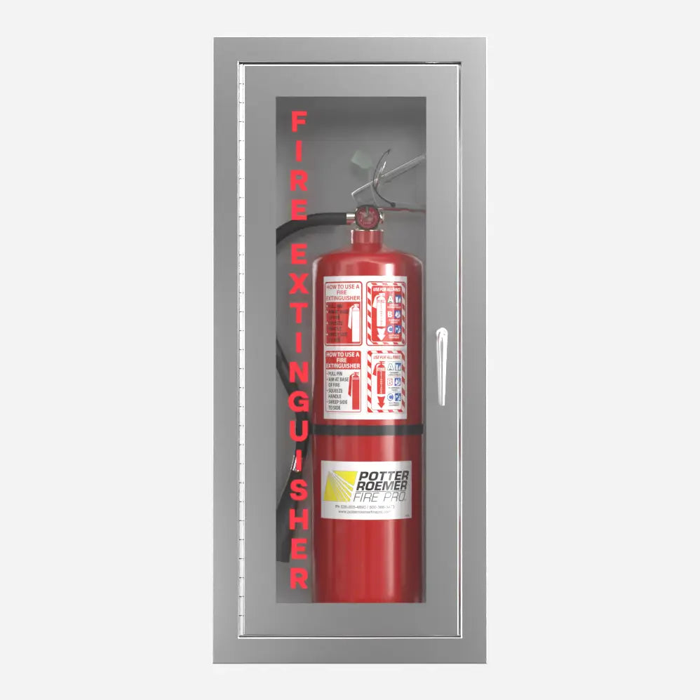 Potter Roemer Alta surface mounted aluminum fire extinguisher cabinet with clear anodized finish, front view