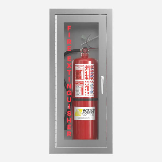 Potter Roemer Alta surface mounted aluminum fire extinguisher cabinet with clear anodized finish, front view