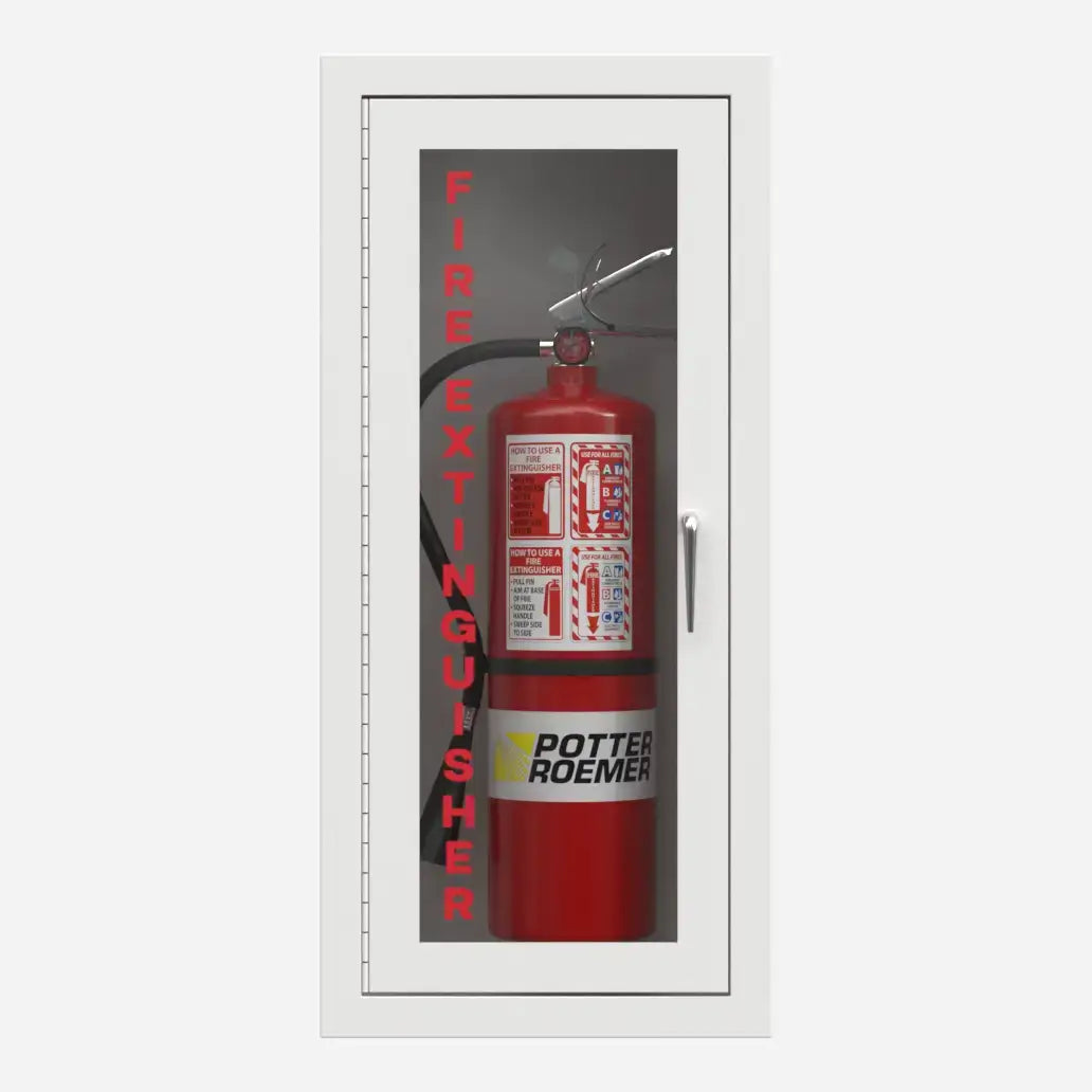 Potter Roemer Alta surface mounted steel fire extinguisher cabinet with white finish, front view