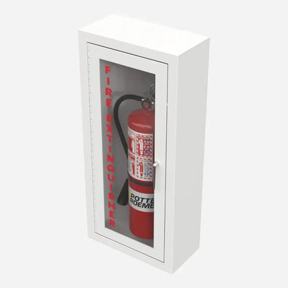 Potter Roemer Alta surface mounted steel fire extinguisher cabinet, left angle view showing cabinet depth