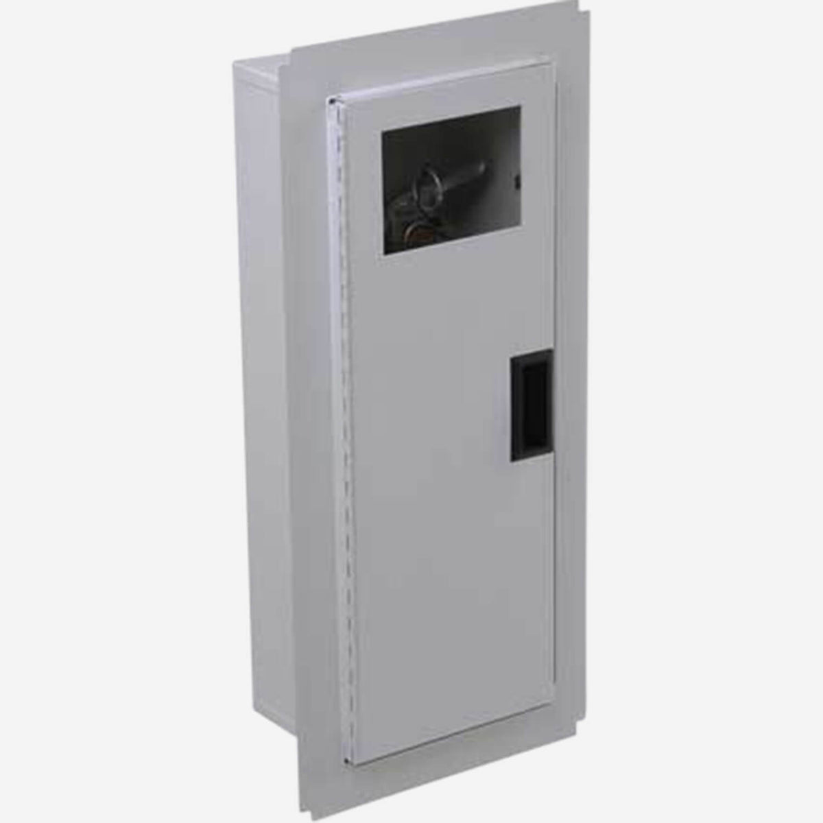 Potter Roemer Alta trimless fire extinguisher cabinet with steel door and small break glass window, shown before the frame is covered by drywall
