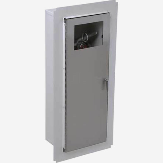Potter Roemer Alta trimless fire extinguisher cabinet with steel door and break glass window, angle view showing the trimless frame